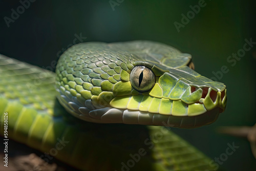 Close up view of dangerous green snake