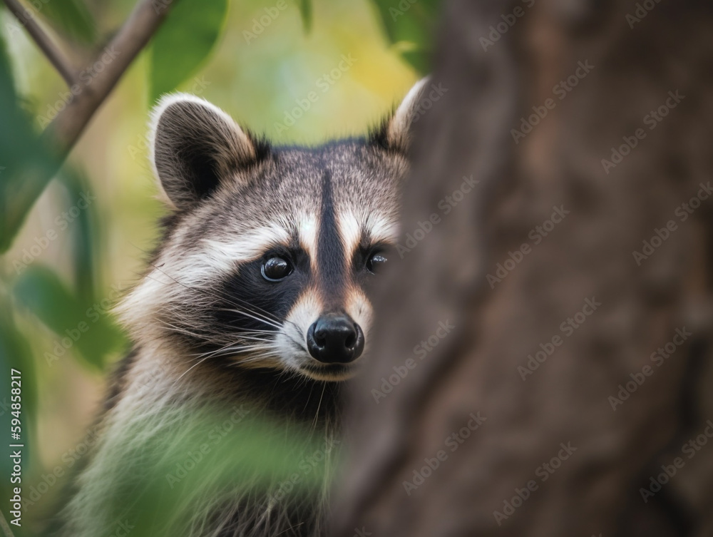 A raccoon is peeking out of a tree.