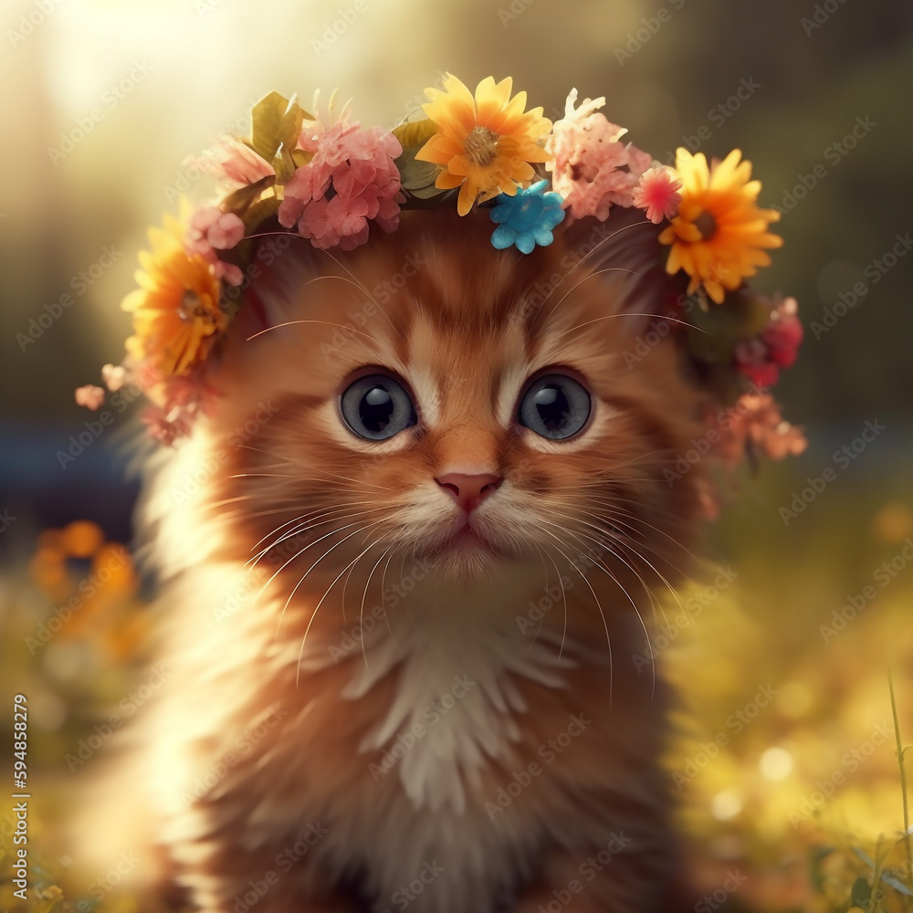 A cat with a flower crown on its head A cat with a flower crown on its head