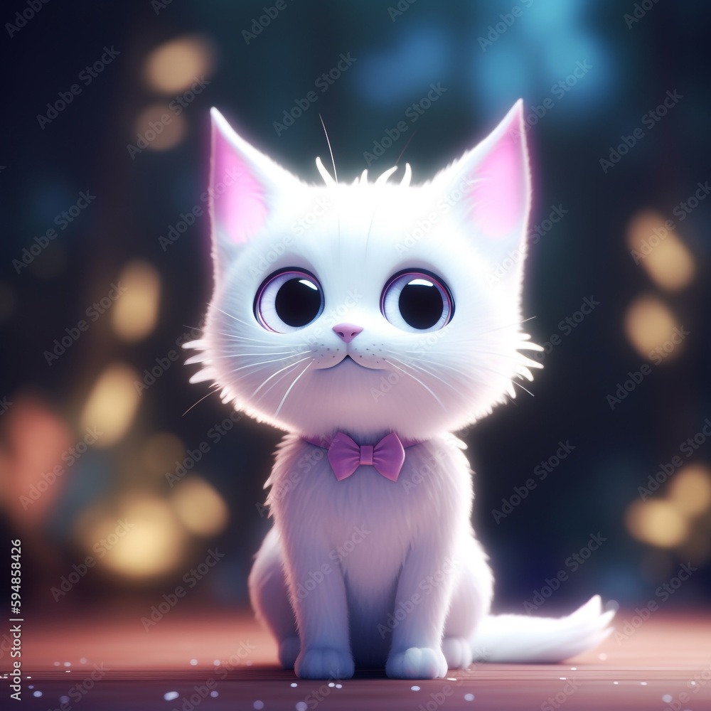 A white cat with a pink bow on its neck sits on a table in front of a blurred background of lights. A white cat with a pink bow on its neck sits on a table in front of a blurred background of lights.