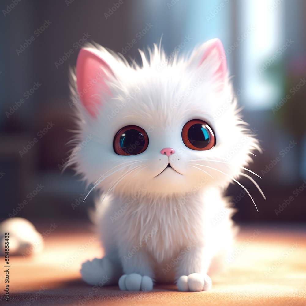 Fototapeta premium A white cat with big eyes sits on a carpet.