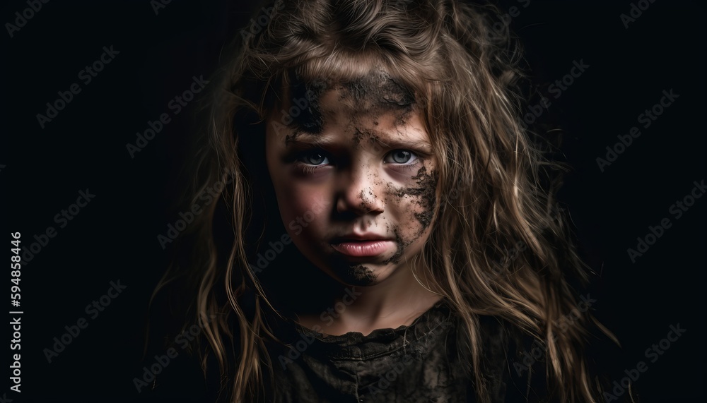 a war victim girl with burned skin,natural disaster, homeless child, ai generative illustration, orphan