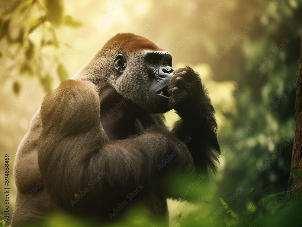 Obraz premium A gorilla in the jungle with a green background.