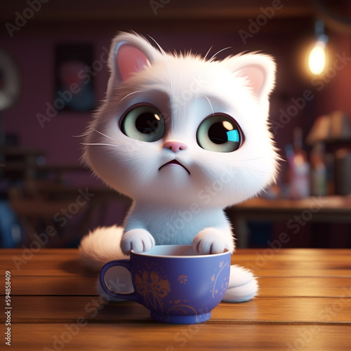 A white cat with big eyes sits on a wooden table with a blue cup.