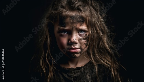 a war victim girl with burned skin,natural disaster, homeless child, ai generative illustration, orphan