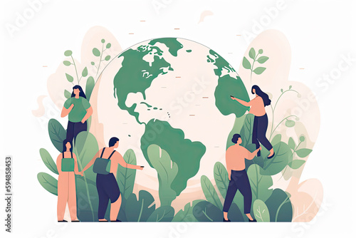 Eco-friendly people with Earth globe  saving planet  protecting and caring about environment. Concept