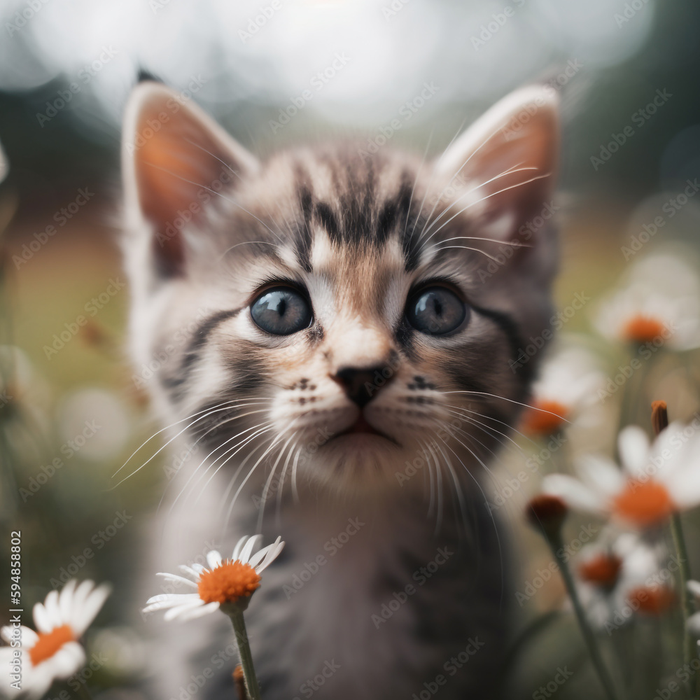Fototapeta premium A kitten with a white face is in a field of flowers.