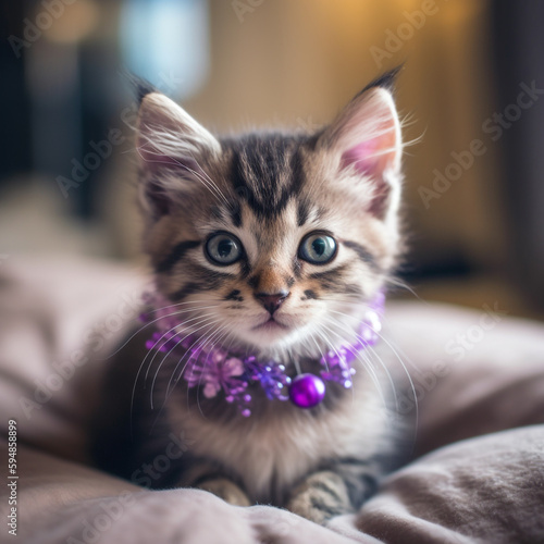 A cat wearing a purple necklace is wearing a purple necklace.