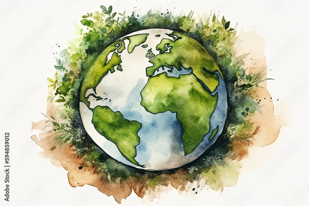 Green earth watercolor art hand drawing - obrazy, fototapety, plakaty 