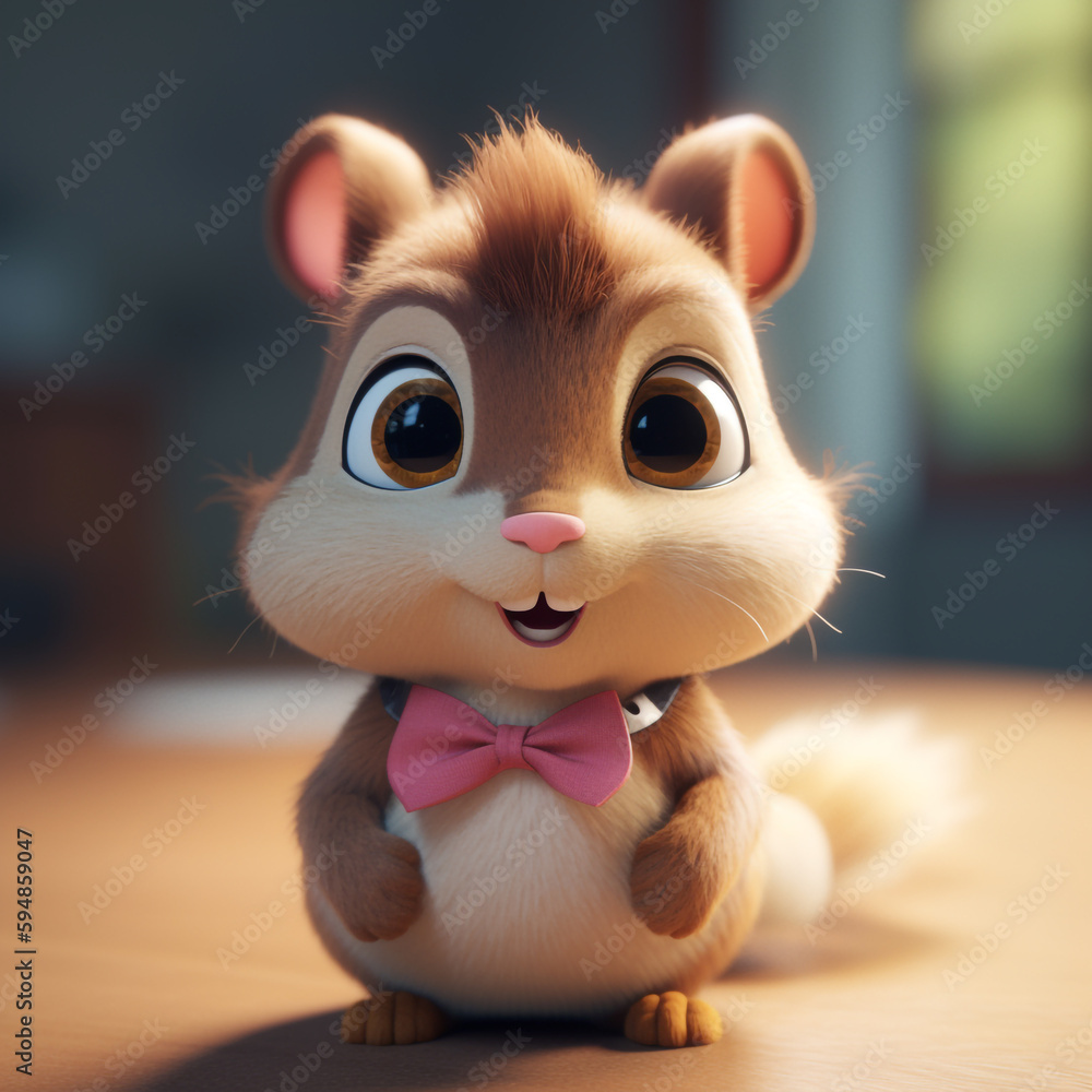 Fototapeta premium A squirrel with a pink bow tie sits on a table.