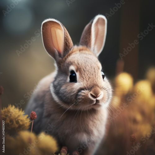 A painting of a rabbit with a brown face and black eyes.