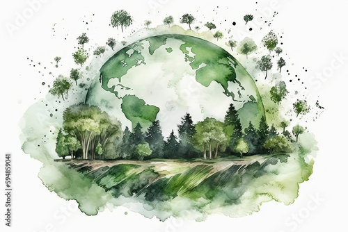 Fototapeta Naklejka Na Ścianę i Meble -  Green earth watercolor art hand drawing