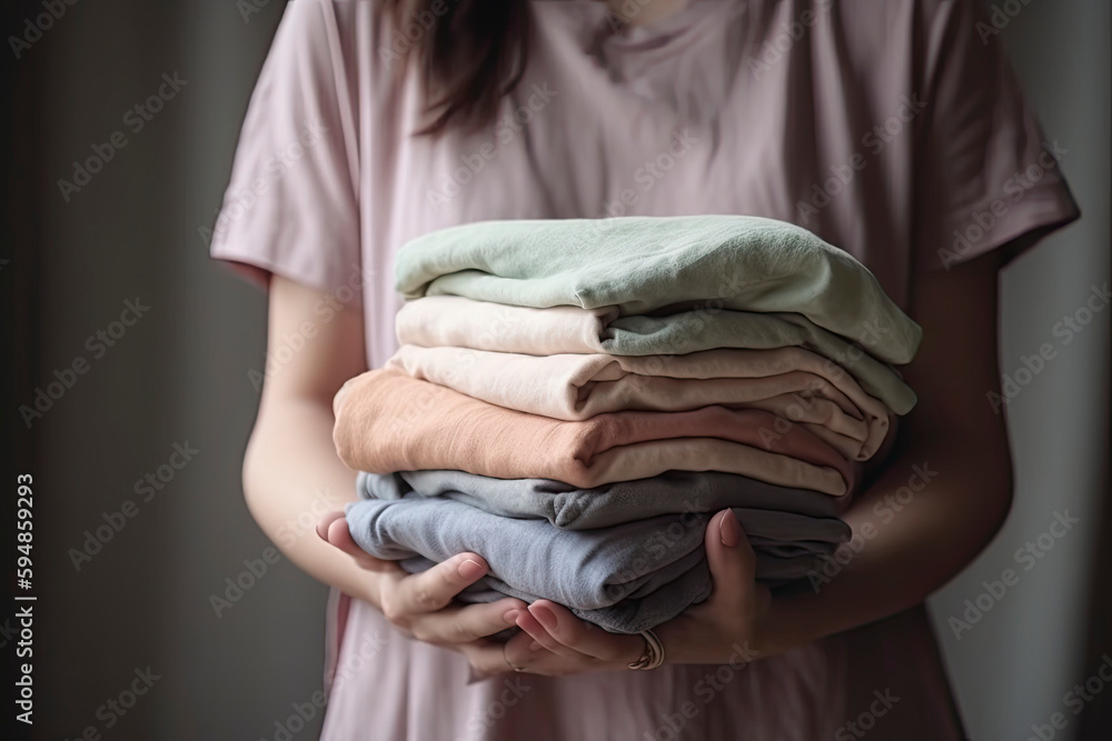 Hands hold a stack of organic clothing and cotton colors. Eco friendly fabric shop