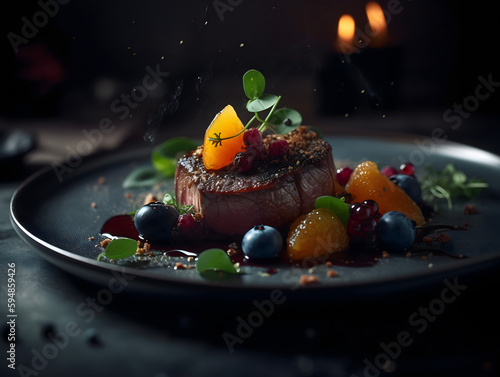 grilled meat with vegetables and fruits