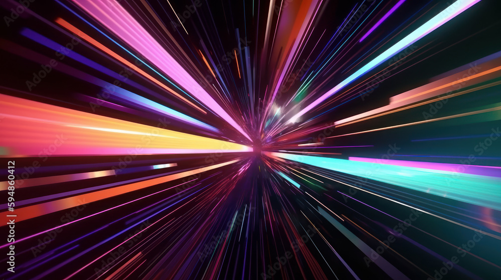Futuristic illustration of colorful light trails with motion blur effect. Sci-fi sf space. generative AI.