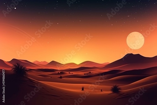 Desert Landscape with Sand Dunes and Warm Gradient Starry Sky. Scenic Modern Background. Generative AI