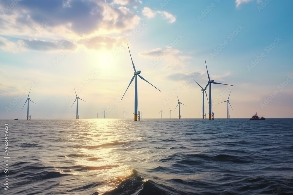 Closup of wind turbines installed on the sea. Generative AI