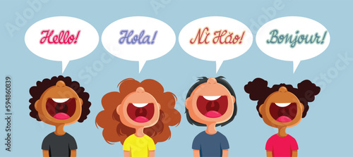 Children Saluting Saying Hello in Many Languages Vector Cartoon Illustration. Kids communicating in their native language trying to form friendships 
