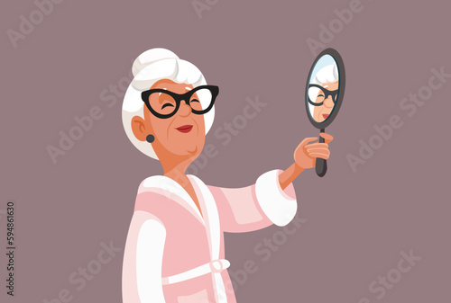 Senior Grandma Looking Gorgeous Checking Herself in the Mirror Vector Illustration. Mature woman with pro aging accepting attitude checking her reflection
