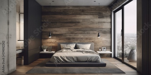 A minimalist Bedroom with a distressed wood accent wall and an industrial pendant light hanging above the bed  generative ai