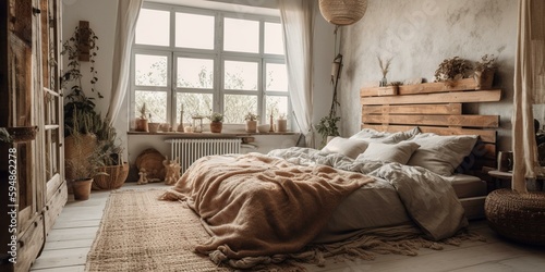 A cozy bohemian Shabby Chic Bedroom with layered natural textures including distressed wooden furniture and un-dyed linen bedding, generative ai