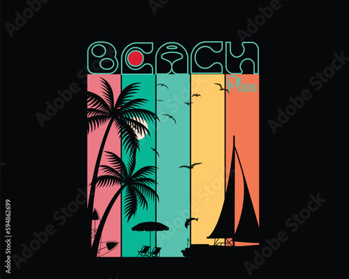 Beach place summer retro vintage t-shirt design, poster, banner, mug  etc