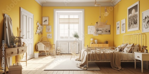 A whimsical Farmhouse Bedroom perfect for a child or a child-at-heart, featuring playful artwork, a bright yellow accent wall, and a vintage rocking horse adding charm to the space, generative ai