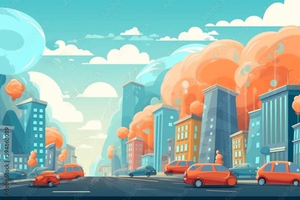Cartoon funny looking scene with cars vehicles moving in the city illustration. Generative AI
