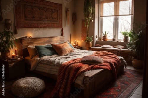 A cozy Bedroom with warm Ethnic prints adding depth and character, generative ai