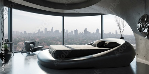 A stylish and minimalist Bedroom with leather and concrete textures, featuring a sculptural black leather bed and stark white walls, generative ai