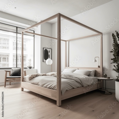 A minimalist bedroom sanctuary with stark white walls, light wood floors, and a simple four-poster bed, generative ai © LivingScape