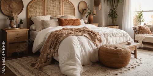 A cozy Boho Chic Bedroom featuring rattan bedside tables and embroidered throw pillows, generative ai