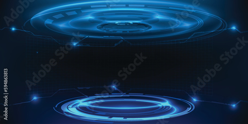 Vector illustrations of futuristic glowing neon blue stage hi-tech layout display.Future of technology design concepts.