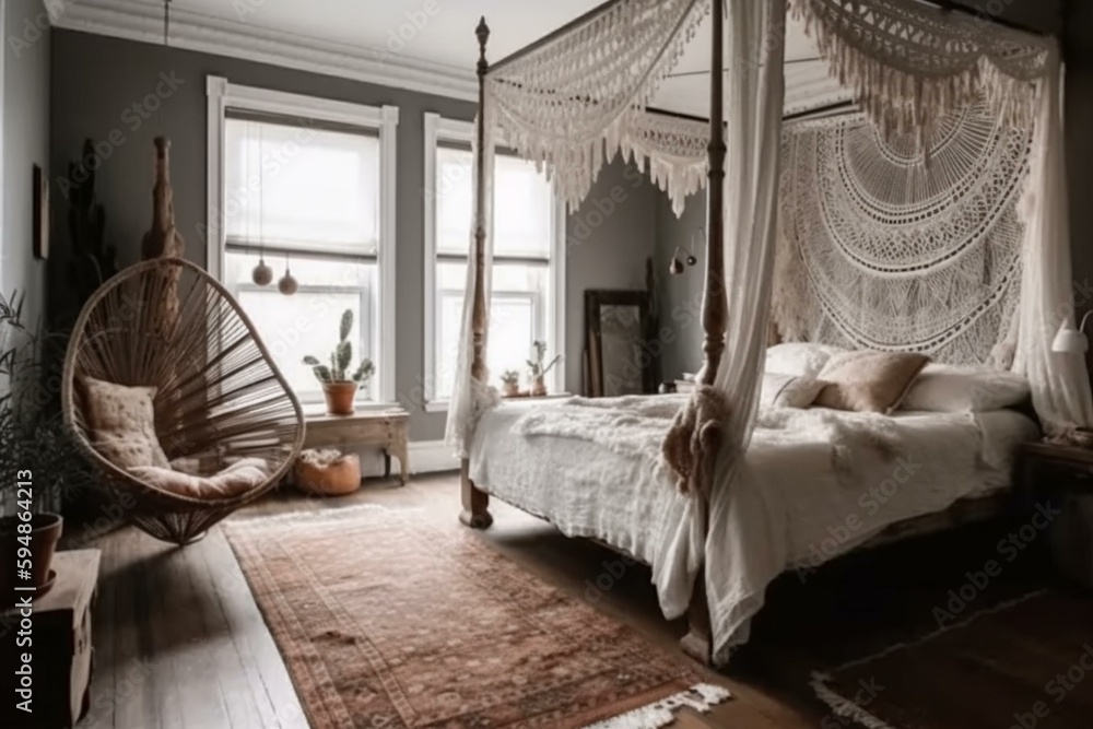 A Farmhouse Bedroom with a bohemian twist, complete with macrame wall hangings, an airy canopy bed, and a cozy reading nook for lazy afternoons, generative ai - obrazy, fototapety, plakaty 