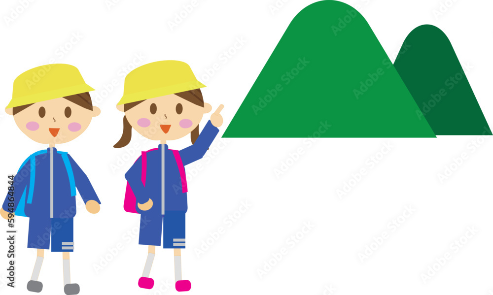 遠足で山登りに行っている小学生のイラスト・林間学校・レクリエーション 遠足で山登りに行っている小学生のイラスト・林間学校・レクリエーション
