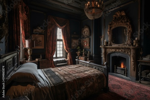 A dramatic Bedroom accented by richly embroidered fabrics, a carved mantlepiece, and a statement-making bed adorned with billowy velvet drapes, generative ai