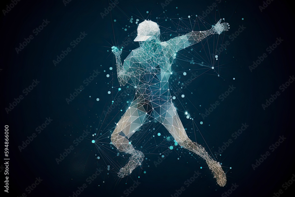 Abstract baseball player from particles, lines and triangles on blue background Abstract baseball player from particles, lines and triangles on blue background