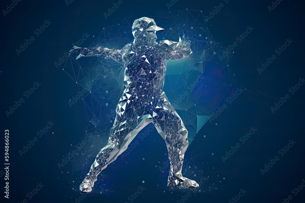 Fototapeta premium Abstract baseball player from particles, lines and triangles on blue background