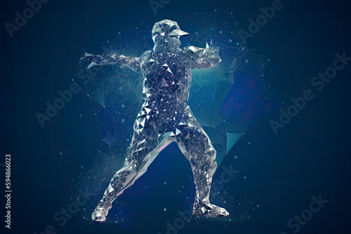 Abstract baseball player from particles, lines and triangles on blue background