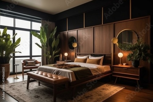 A masculine Mid-Century Modern bedroom with bold teak wood furniture and statement brass decor, generative ai
