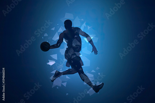 Abstract silhouette of a basketball player man in action isolated blue background © surassawadee