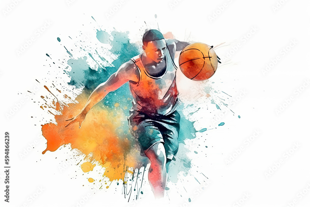 Basketball watercolor splash player in action with a ball isolated on white background Basketball watercolor splash player in action with a ball isolated on white background