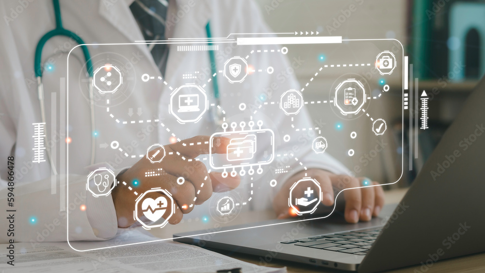 Medical personnel allocate information and documents. Virtual screen technology and access to data, databases, storage Medical personnel allocate information and documents. Virtual screen technology and access to data, databases, storage