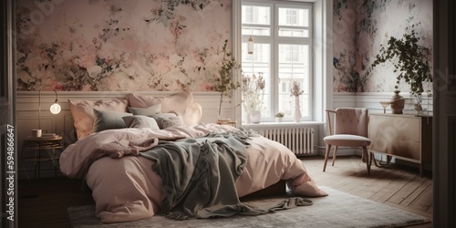 A feminine Scandinavian Bedroom with delicate floral accents and plush bedding, generative ai © LivingStyle