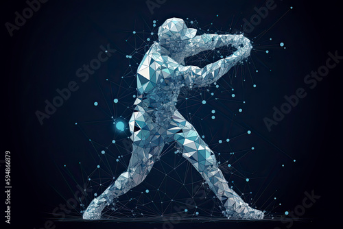 Abstract baseball player from particles, lines and triangles on blue background © surassawadee