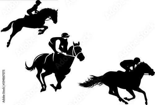 Horse Racing Competition icons. Jockeys on horses galloping on the racetrack. Editable vector silhouettes of riders. eps 10.