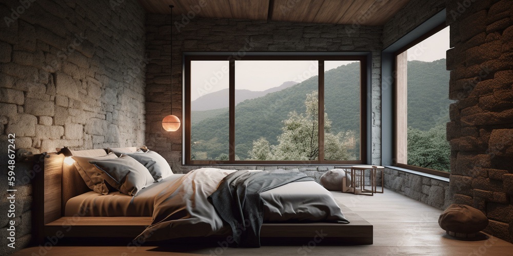 A serene Zen style Bedroom with a stone accent wall and cotton bedding, generative ai A serene Zen style Bedroom with a stone accent wall and cotton bedding, generative ai