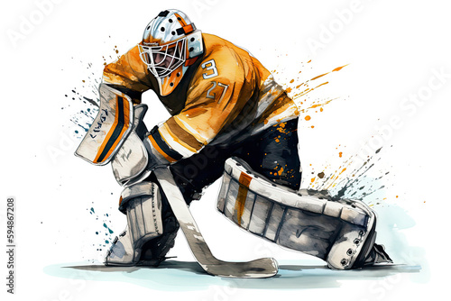 Illustration of a professional ice hockey player goalkeeper in action on white background