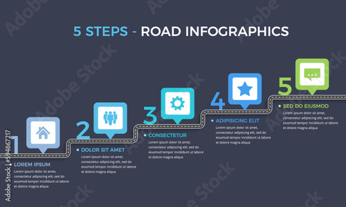 Road infographics template with five elements with place for your icons and text, dark background, vector eps10 illustration