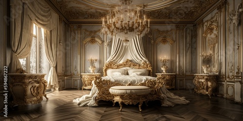 A Stunning Baroque Bedroom rending that captures the grandeur and extravagance of this iconic period featuring an opulent canopy bed complemented by silk textures, generative ai photo